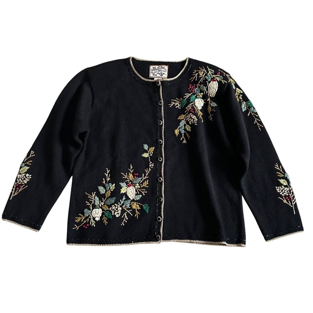 Heirloom Collectibles Women Sz M Black Knit Cardigan /Embroidered Floral Design